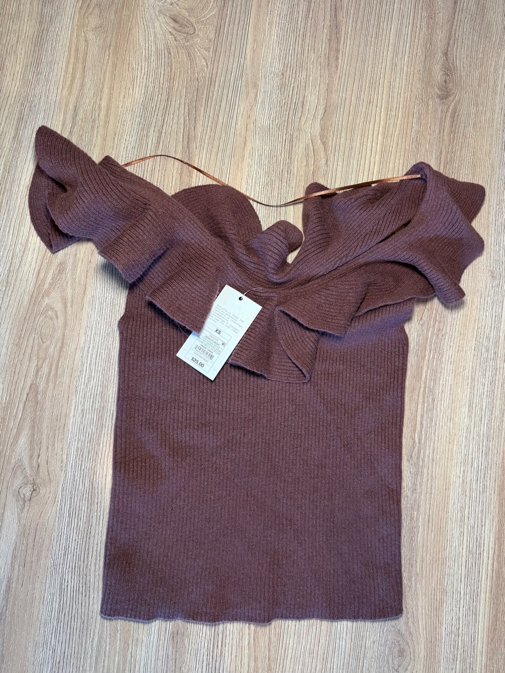 Ruffle Off-Shoulder Sweater Top in brown